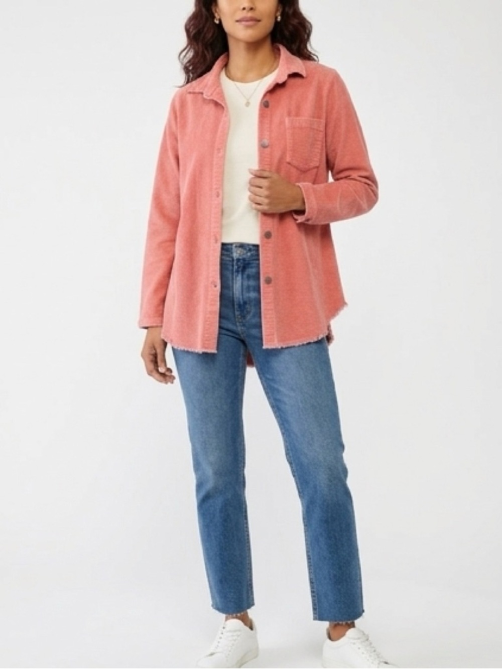 Elan Corduroy Button Front Raw Edge Hem Shirt Jacket
